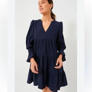 Tuckernuck Pomander Place Kenzo Dress XS Navy Blue Swiss Dot Ruffle Tiered Mini
